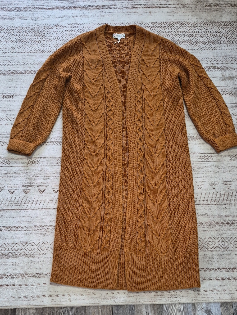 Pink Rose Cable Knit Long Open Cardigan - Rust Brown